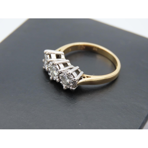 86 - Three Stone Diamond Ring Mounted on 18 Carat Yellow Gold Band Attractively Detailed Ring Size K and ... 