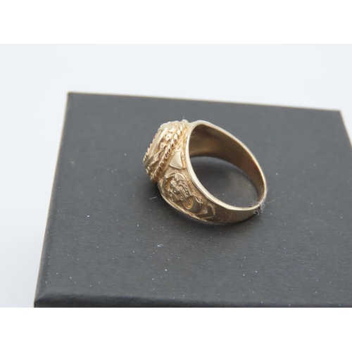 94 - 9 Carat Yellow Gold College Ring Attractively Detailed Ring Size H and a Half