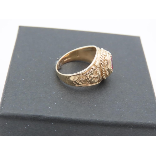 94 - 9 Carat Yellow Gold College Ring Attractively Detailed Ring Size H and a Half