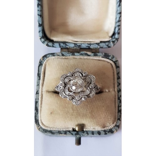 523 - Art Nouveau Diamond Cluster Ring Attractively Detailed Platinum Setting Mounted on 18 Carat Yellow G... 