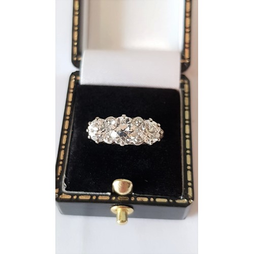 526 - Three Stone Diamond Ring Old Brilliant Cut Late Victorian Circa 1900 Three Main Diamonds to Band wit... 