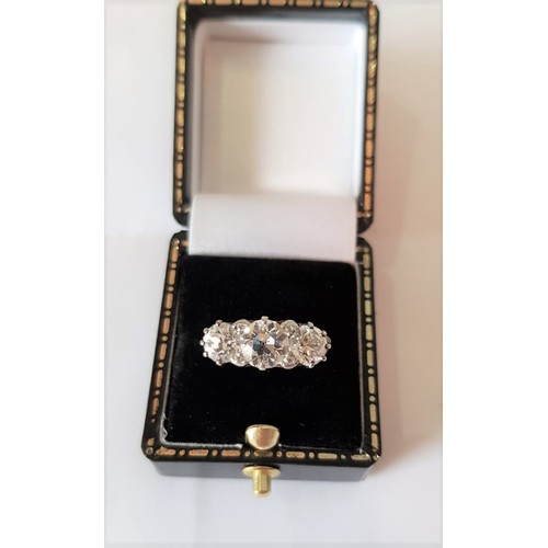 526 - Three Stone Diamond Ring Old Brilliant Cut Late Victorian Circa 1900 Three Main Diamonds to Band wit... 