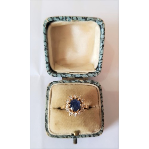 529 - Sapphire and Diamond Cluster Ring Mounted on 18 Carat Yellow Gold Band Sapphire Surrounded by 12 Bri... 