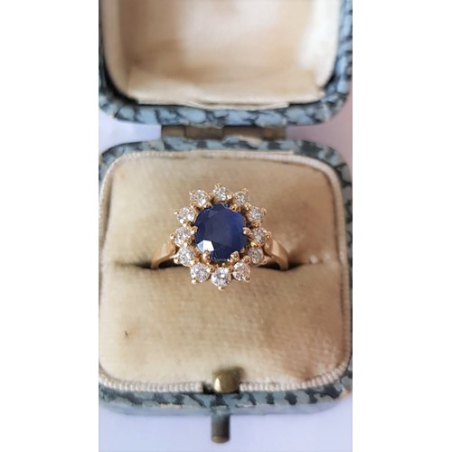 529 - Sapphire and Diamond Cluster Ring Mounted on 18 Carat Yellow Gold Band Sapphire Surrounded by 12 Bri... 