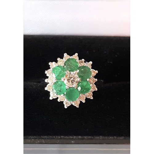 530 - Emerald and Diamond Ladies Cluster Ring Mounted on 18 Carat White Gold Six Emeralds and 20 Old Brill... 