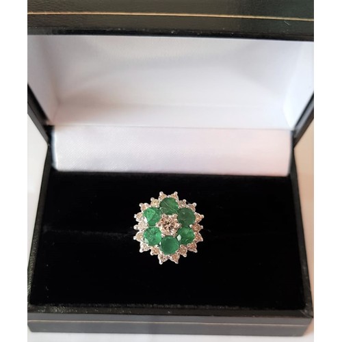 530 - Emerald and Diamond Ladies Cluster Ring Mounted on 18 Carat White Gold Six Emeralds and 20 Old Brill... 