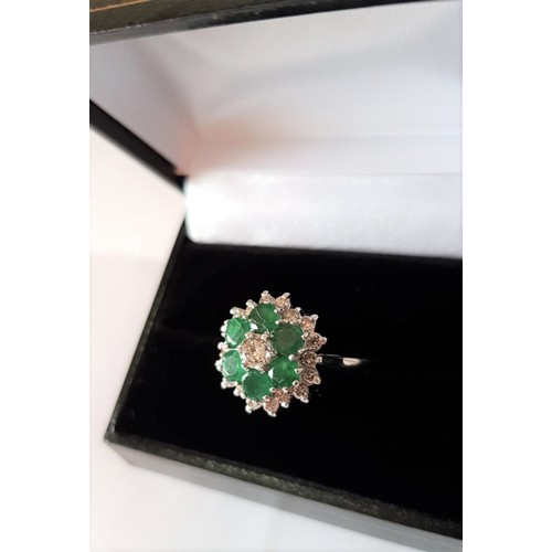 530 - Emerald and Diamond Ladies Cluster Ring Mounted on 18 Carat White Gold Six Emeralds and 20 Old Brill... 