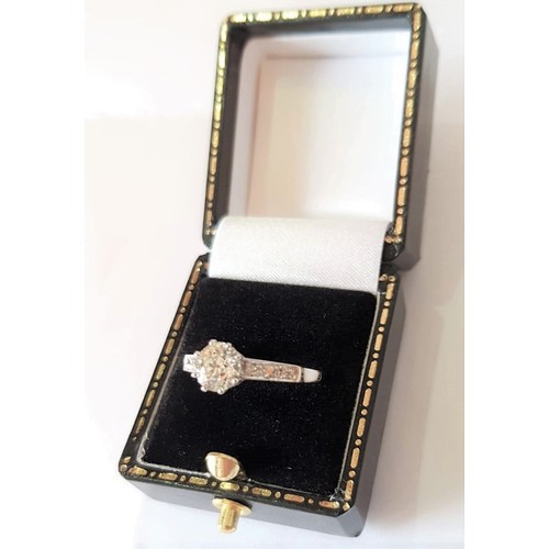 531 - Solitaire Diamond Ring Old Brilliant Cut with Further Baguette Cut Diamonds to Shoulders Platinum Se... 