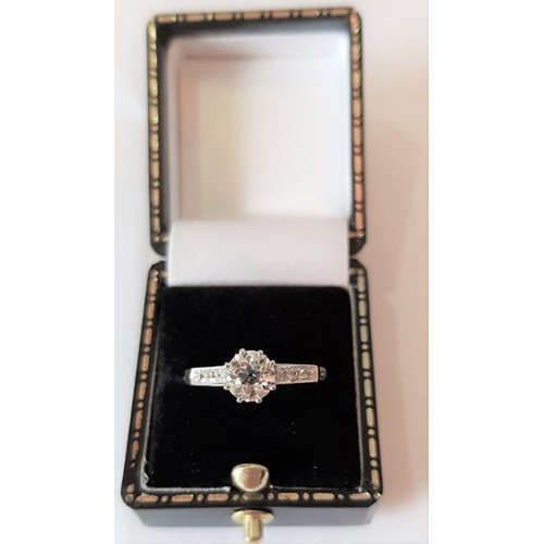 531 - Solitaire Diamond Ring Old Brilliant Cut with Further Baguette Cut Diamonds to Shoulders Platinum Se... 