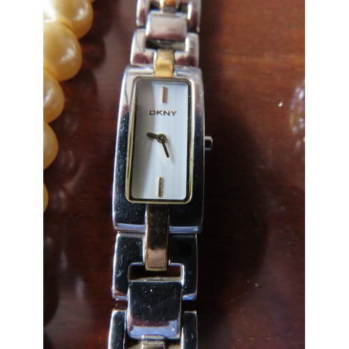 1012 - String Ladies Pearls Single Row with Clasp and Two Designer Ladies Watches