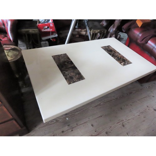 1014 - Rectangular Modernist Form Marble Inset Coffee Table on Twin Marble Pedestal Base Approximately 40 I... 