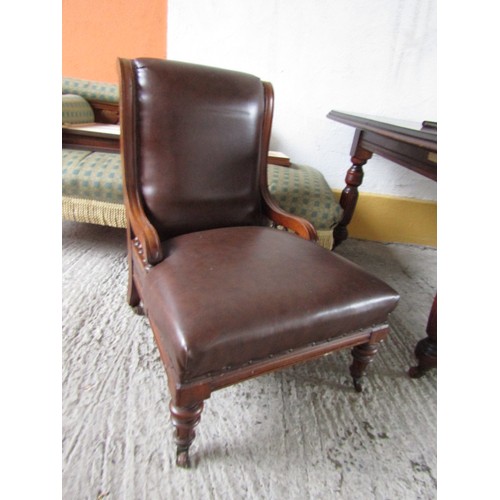 1018 - Victorian Mahogany Framed Side Chair Turned Supports Leather Upholstered