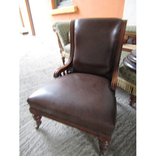 1018 - Victorian Mahogany Framed Side Chair Turned Supports Leather Upholstered