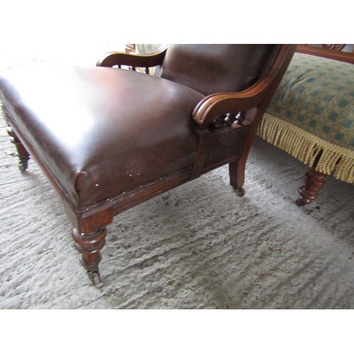 1018 - Victorian Mahogany Framed Side Chair Turned Supports Leather Upholstered