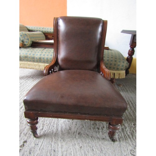 1018 - Victorian Mahogany Framed Side Chair Turned Supports Leather Upholstered