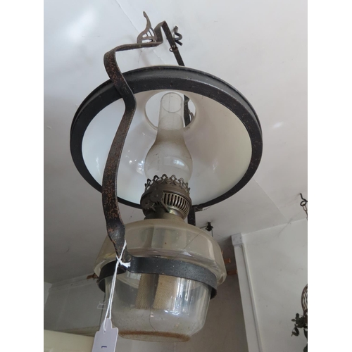 1127 - Vintage Ceiling Hanging Oil or Kerosene Lamp with Steel Frame and Milk Glass Shade Original Flue 29 ... 