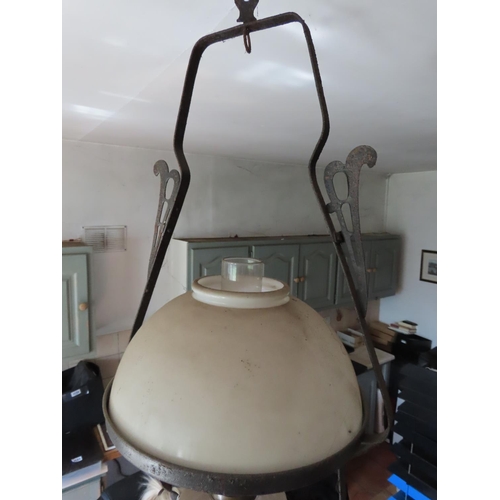 1127 - Vintage Ceiling Hanging Oil or Kerosene Lamp with Steel Frame and Milk Glass Shade Original Flue 29 ... 