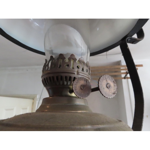 1128 - Another Ceiling Hanging Oil or Kerosene Lamp with Original Flue and Milk Glass Shade 28 Inches High