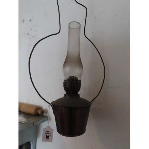 1130 - Ceiling Mounted Oil or Kerosene Lamp with Copper Well and Original Flue 35 Inches Tall Including Cha... 