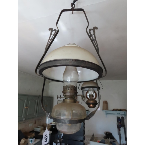 1127 - Vintage Ceiling Hanging Oil or Kerosene Lamp with Steel Frame and Milk Glass Shade Original Flue 29 ... 