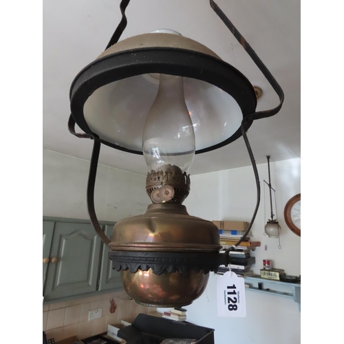 1128 - Another Ceiling Hanging Oil or Kerosene Lamp with Original Flue and Milk Glass Shade 28 Inches High