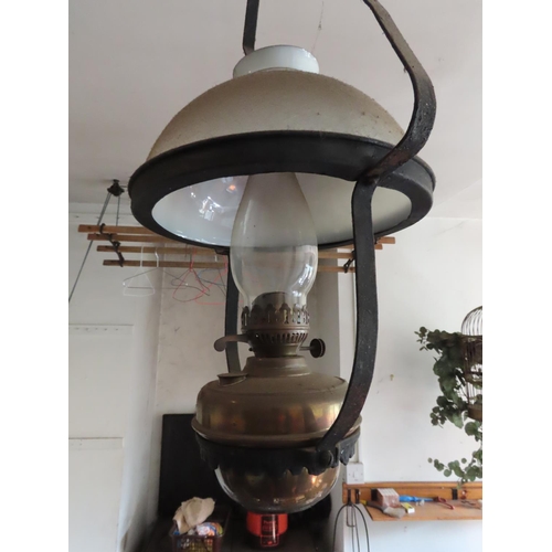 1128 - Another Ceiling Hanging Oil or Kerosene Lamp with Original Flue and Milk Glass Shade 28 Inches High