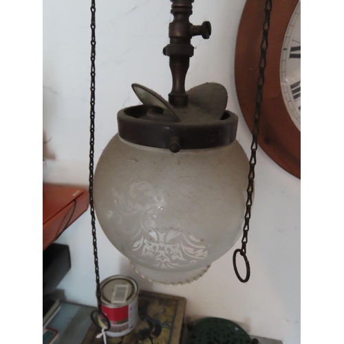 1129 - Antique Brass Pendant Light with etc.hed Glass Shade 30 Inches Tall