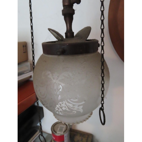 1129 - Antique Brass Pendant Light with etc.hed Glass Shade 30 Inches Tall