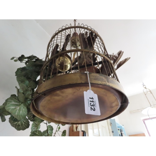 1132 - Vintage Brass Ceiling Hanging Bird Cage with Pair of Taxidermy Exotic Birds Approximately 35 Inches ... 