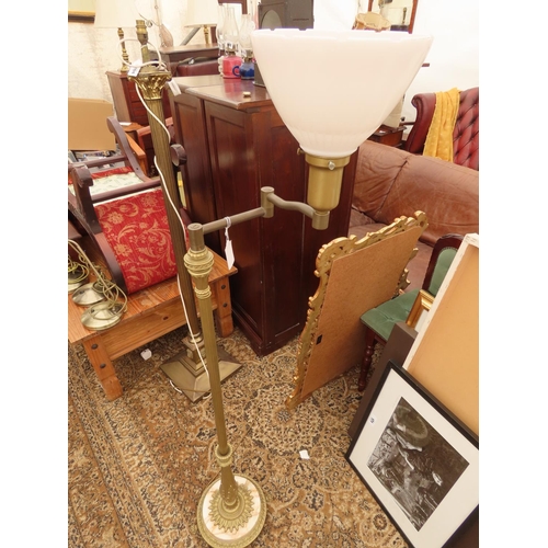 1208 - Brass Adjustable Uplighter with Marble Bass and Milk Glass Shade 58 Inches Tall