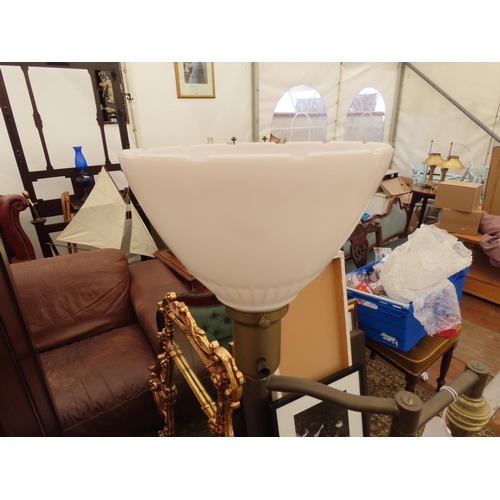 1208 - Brass Adjustable Uplighter with Marble Bass and Milk Glass Shade 58 Inches Tall