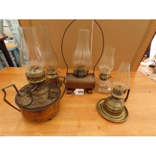 1212 - Collection of Five Vintage and Antique Brass and Copper Oil or Kerosene Lamps Approximately 14 Inche... 