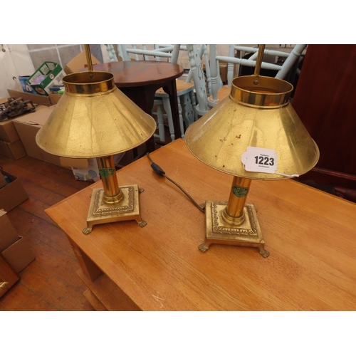 1223 - Unusual Pair of Brass Table Lamps with Adjustable Shades Orient Express Labels to Shaft 20 Inches Ta... 