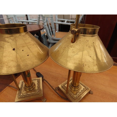 1223 - Unusual Pair of Brass Table Lamps with Adjustable Shades Orient Express Labels to Shaft 20 Inches Ta... 