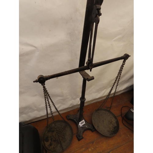 1235 - Antique Very Large Balance Scales with Brass Pans Approximately 36 Inches Tall