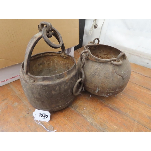 1242 - Two Antique Paint or Cast Iron Paint or Glue Pots Largest Approximately 9 Inches Tall