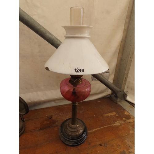 1246 - Antique Brass Oil Lamp with Original Flue and Milk Glass Shade with Cranberry Glass Reservoir 29 Inc... 