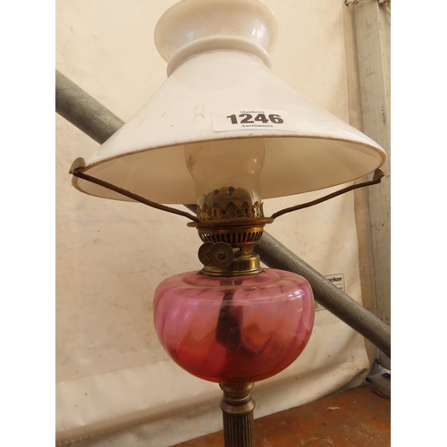 1246 - Antique Brass Oil Lamp with Original Flue and Milk Glass Shade with Cranberry Glass Reservoir 29 Inc... 