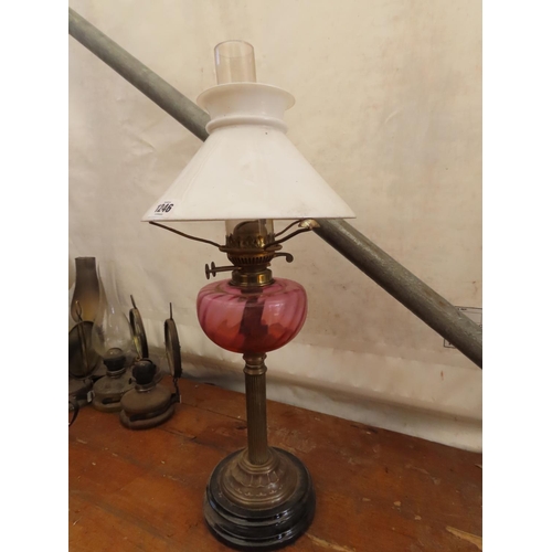 1246 - Antique Brass Oil Lamp with Original Flue and Milk Glass Shade with Cranberry Glass Reservoir 29 Inc... 