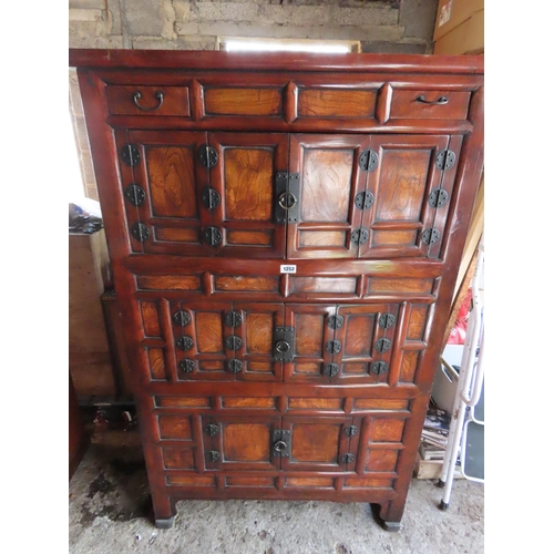 1252 - Chinese Hardwood Cabinet 68 Inches Tall Configured in Three Cupboard Arrangement with Two Small Draw... 