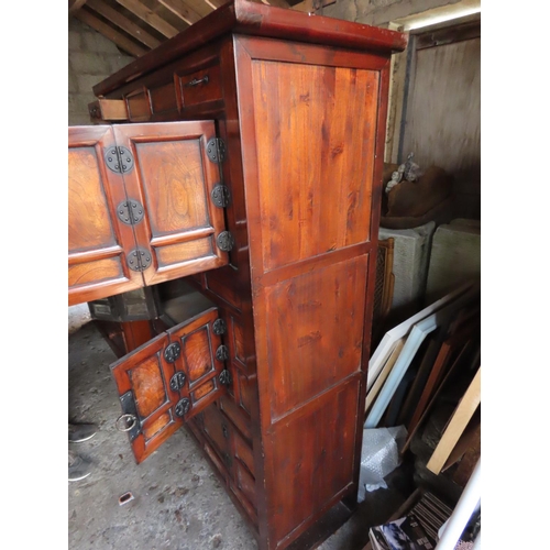 1252 - Chinese Hardwood Cabinet 68 Inches Tall Configured in Three Cupboard Arrangement with Two Small Draw... 