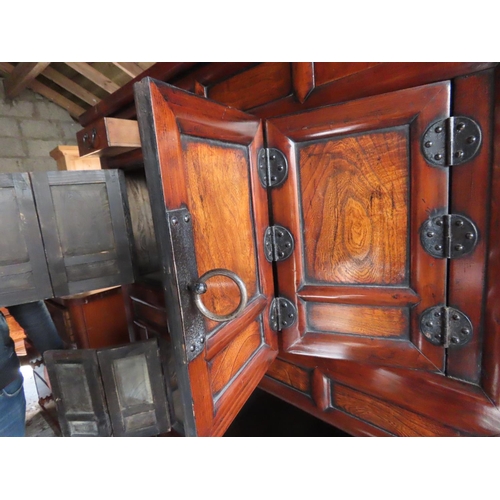 1252 - Chinese Hardwood Cabinet 68 Inches Tall Configured in Three Cupboard Arrangement with Two Small Draw... 