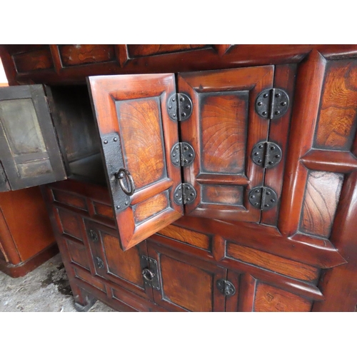 1252 - Chinese Hardwood Cabinet 68 Inches Tall Configured in Three Cupboard Arrangement with Two Small Draw... 