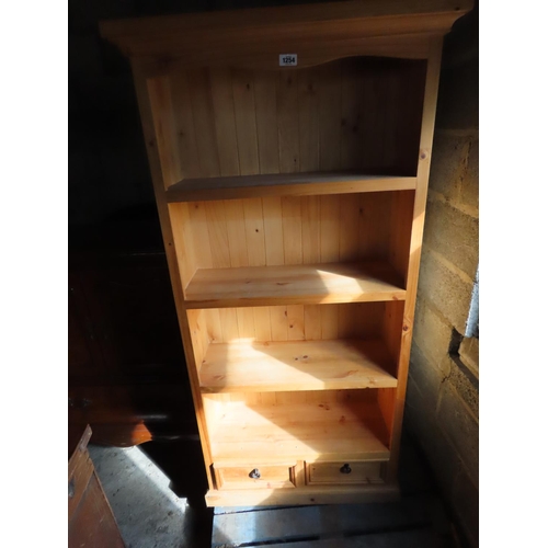 1254 - Pine Bookcase with Four Shelves over Two Drawers 71 Inches High x 35 Inches Wide