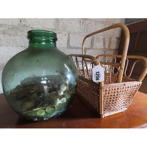 1256 - Green Glass Bottle Containing a Collection of Ornaments and Sea Shells etc. Together with Bamboo Mag... 