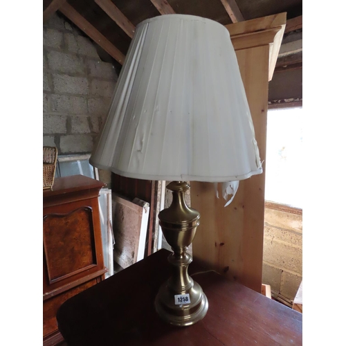 1258 - Polished Brass Table Lamp with Shade As Photographed Approximately 32 Inches Tall