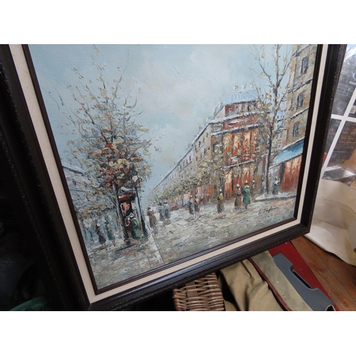 1264 - Framed Oil on Canvas Street Scene Signed Lower Right 30 Inches x 26 Inches