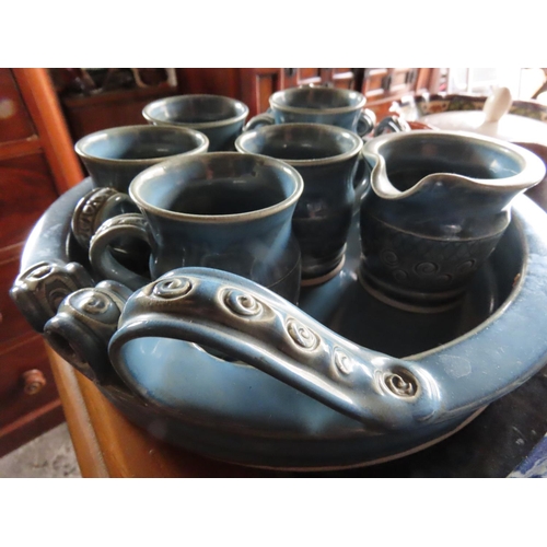 1274 - Studio Pottery Coffee Set Consisting of Five Cups, Milk Jug and Tray Signed to Base One Cup Chipped