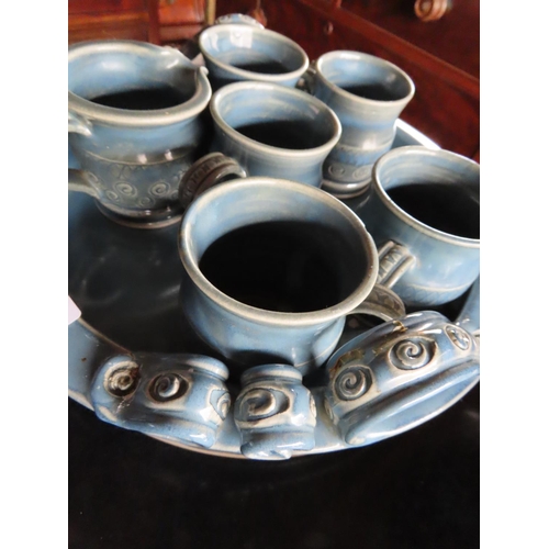 1274 - Studio Pottery Coffee Set Consisting of Five Cups, Milk Jug and Tray Signed to Base One Cup Chipped