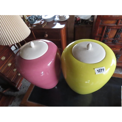 1277 - Pair of Colourful Ceramic Lidded Urns 20 Inches Tall